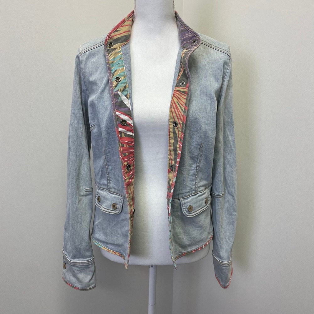 Y2K Gap Stretch Light Wash Mandarin Collar Denim Jacket M Tropical Lining VTG - Picture 3 of 16